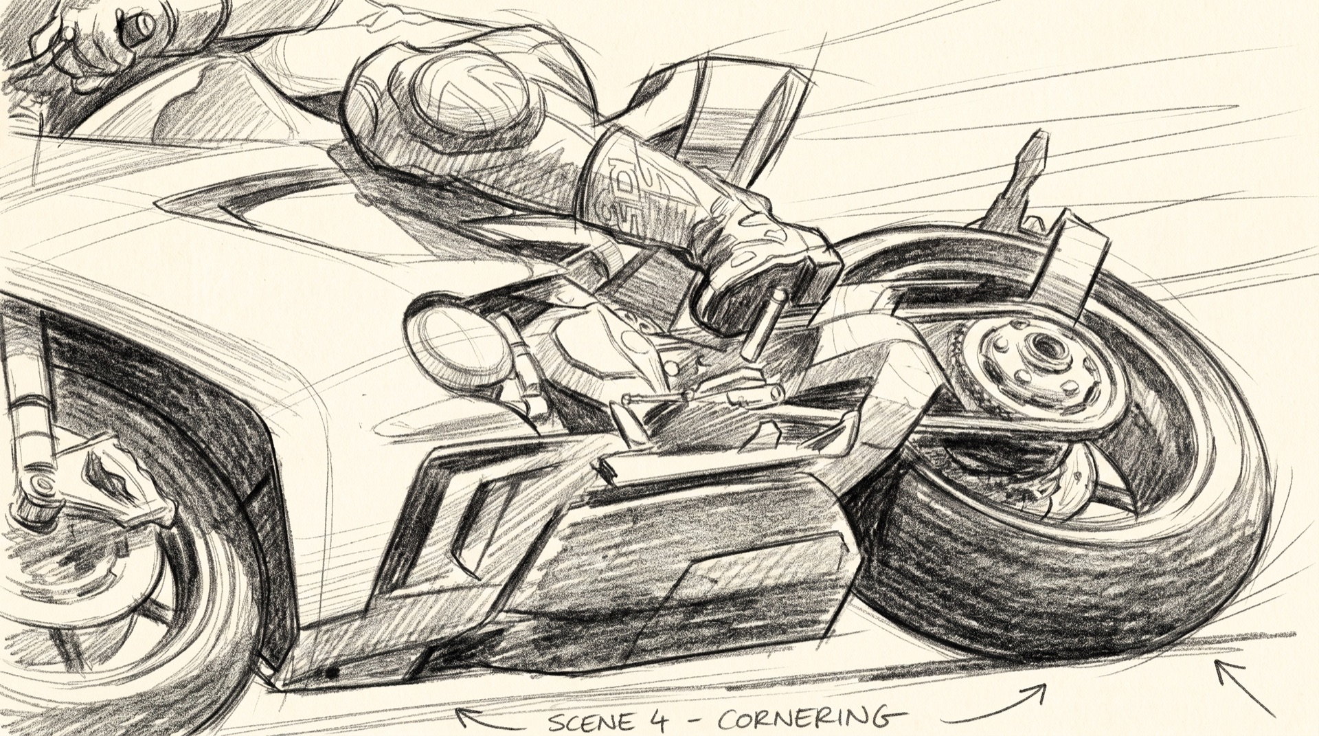 Rough graphite storyboard sketch of a motorcycle racer cornering